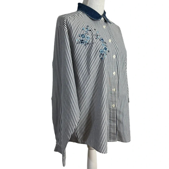 Napa Valley Striped Flower Embroidered Button Up Shirt Denim Collar Petite Large - Picture 3 of 10